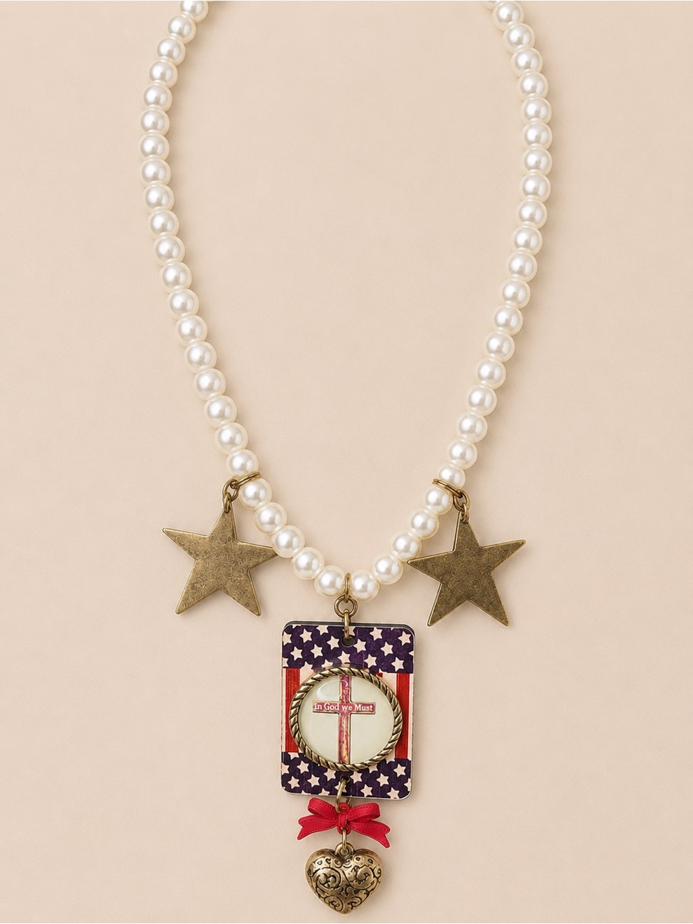 In god we trust Pearl Beaded Necklace with Star Charms and Patriotic Pendant - Picture 5 of 6